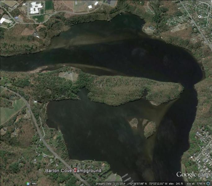 Google Earth Plunge pools gouged by old waterfalls at Barton Cove in Gill.