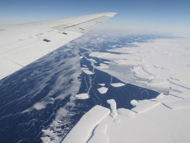 Jefferson Beck, NASA/Goddard Space Flight Center. Calving front of an ice shelf in West Antarctica. Warm ocean waters melt the ice sheets from underneath.